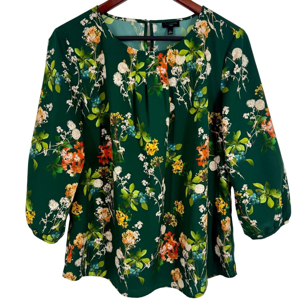 Talbots LP PL Petite Vibrant Green Floral Tropical Beach Artsy Blouse Shirt Top
